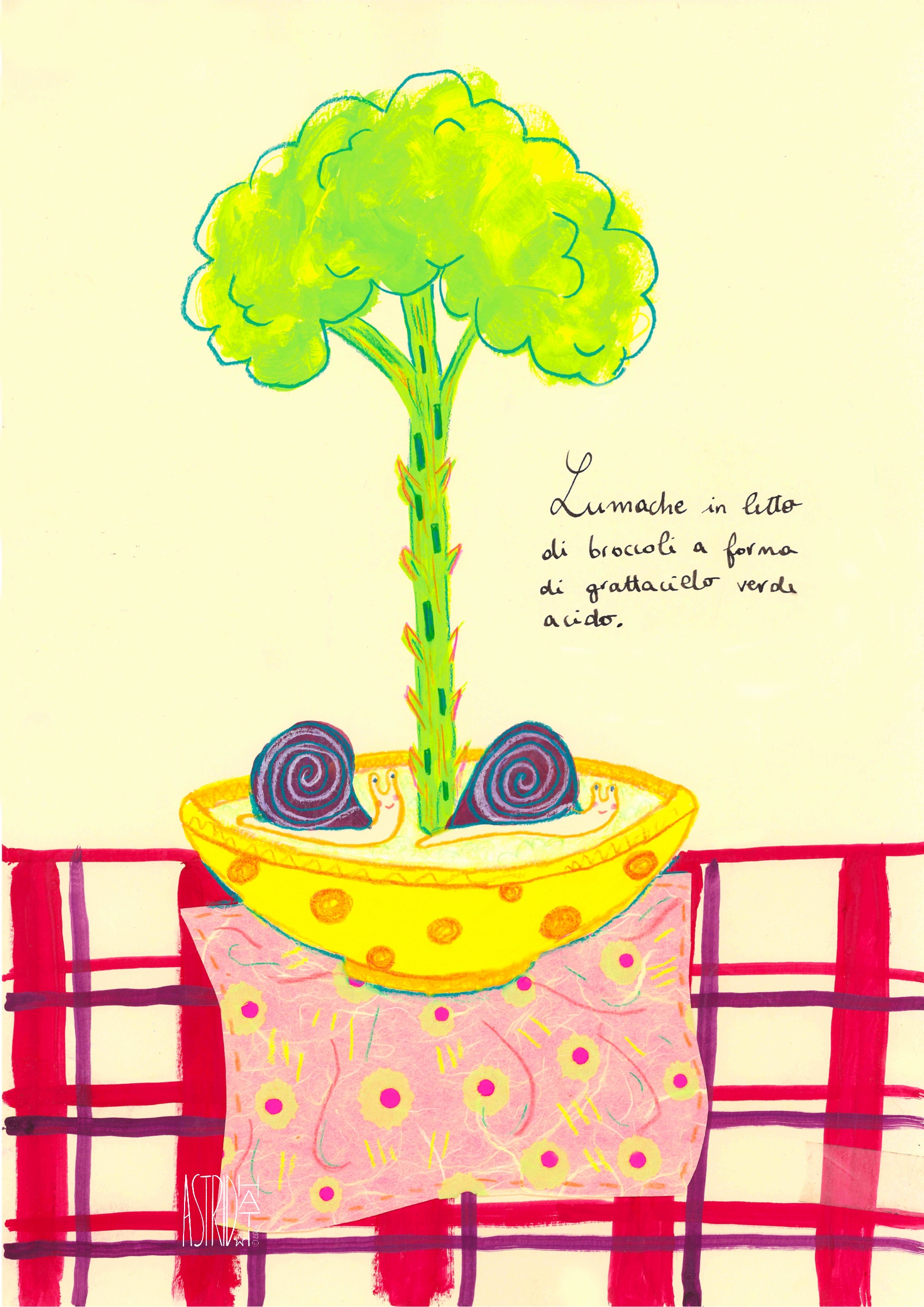 Due illustrazioni in tecnica mista tradizionale (gouache, collage, pastelli), riguardo a un personaggio e il suo pasto curioso. Progetto personale indirizzato alla prima infanzia, pensato per esplorare personaggi e texture